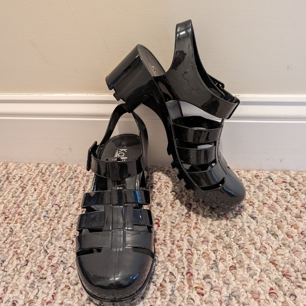 Black Patent Jelly Sandals - Women's Strappy Block Heel